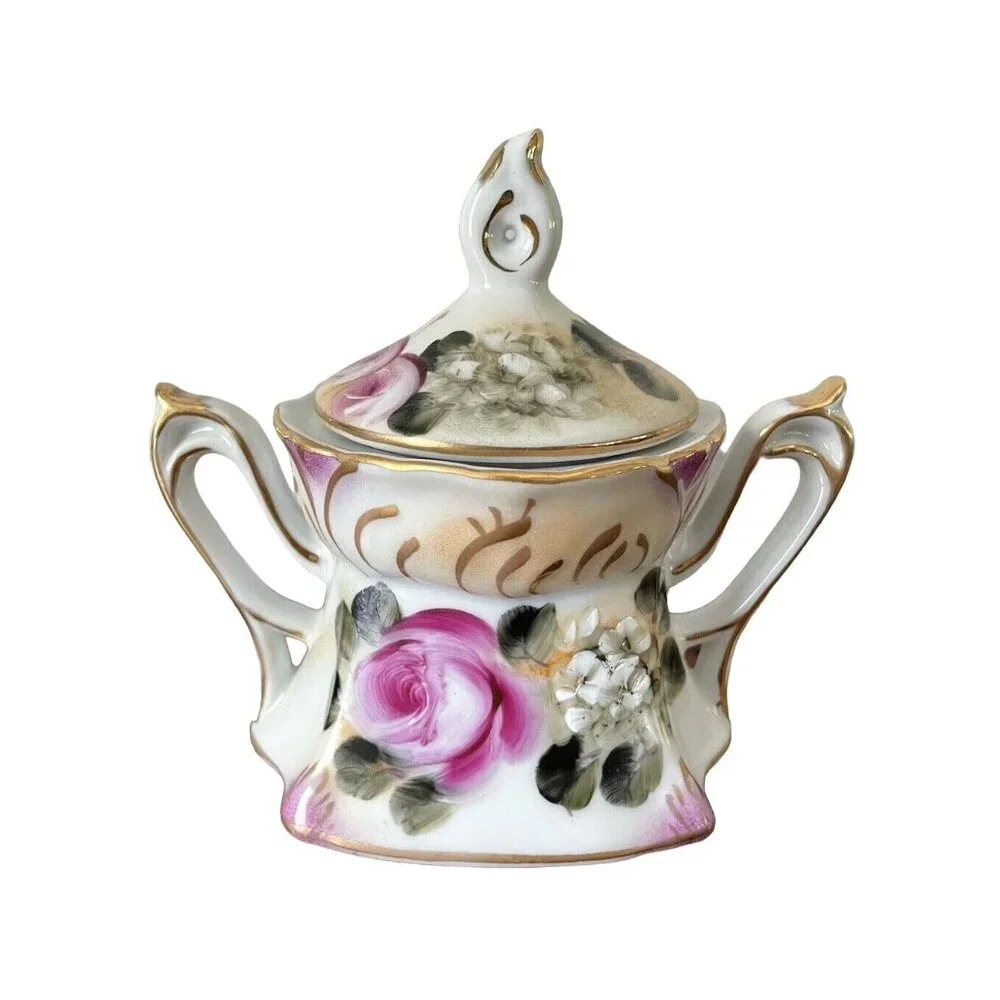 Vintage Hand Painted Nippon Sugar Bowl Jar w/ Lid, Pink Floral Ceramic